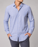 Camicia uomo in lino e cotone rigata collo francese – slim fit