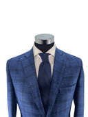 Giacca uomo sartoriale 2 bottoni in misto lana blu a quadri sfoderata