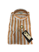 Camicia uomo in puro lino collo coreano medium fit arancio/bianca Made in Italy