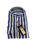 Camicia uomo in puro lino collo coreano medium fit blu e bianca Made in Italy