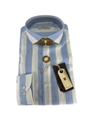 Camicia uomo in puro lino collo francese medium fit azzurra/bianca Made in Italy
