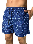 Costume da bagno blu con stampa delfini azzurri