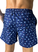 Costume da bagno blu con stampa delfini azzurri