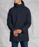 Giaccone uomo casual in tessuto tecnino e piumino reversibile con cappuccio