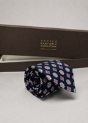 Cravatta uomo in pura seta blu con microfantasia rosa 3 pieghe