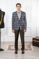 Giacca uomo sartoriale 2 bottoni in lana e cotone blu e marrone sfoderata