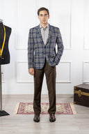 Giacca uomo sartoriale 2 bottoni in lana e cotone blu e marrone sfoderata