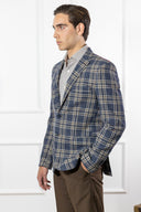 Giacca uomo sartoriale 2 bottoni in lana e cotone blu e marrone sfoderata