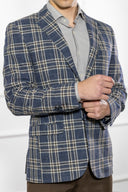 Giacca uomo sartoriale 2 bottoni in lana e cotone blu e marrone sfoderata