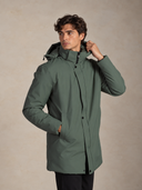 Giubbotto uomo lungo imbottito con cappuccio, zip e bottoni