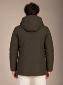 Parka uomo lungo imbottito in tessuto tecnico idrorepellente con cappuccio e doppia chiusura