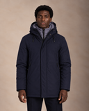 Parka uomo lungo imbottito in tessuto tecnico idrorepellente con cappuccio e doppia chiusura