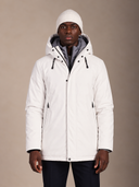 Parka uomo lungo imbottito in tessuto tecnico idrorepellente con cappuccio e doppia chiusura