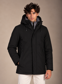 Parka uomo lungo imbottito in tessuto tecnico idrorepellente con cappuccio e doppia chiusura