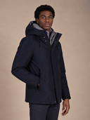Parka uomo lungo imbottito in tessuto tecnico idrorepellente con cappuccio e doppia chiusura
