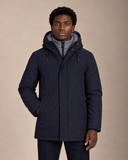 Parka uomo lungo imbottito in tessuto tecnico idrorepellente con cappuccio e doppia chiusura