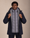 Parka uomo lungo imbottito in tessuto tecnico idrorepellente con cappuccio e doppia chiusura