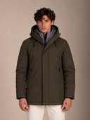 Parka uomo lungo imbottito in tessuto tecnico idrorepellente con cappuccio e doppia chiusura